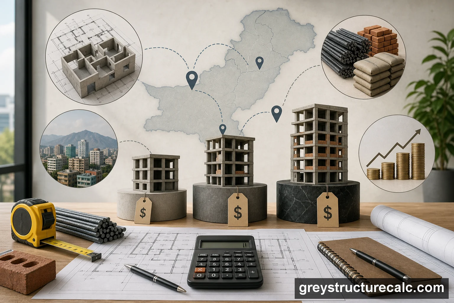 Construction planning desk showing blueprint, calculator, materials, and city-wise cost variation cues for grey structure budgeting in Pakistan