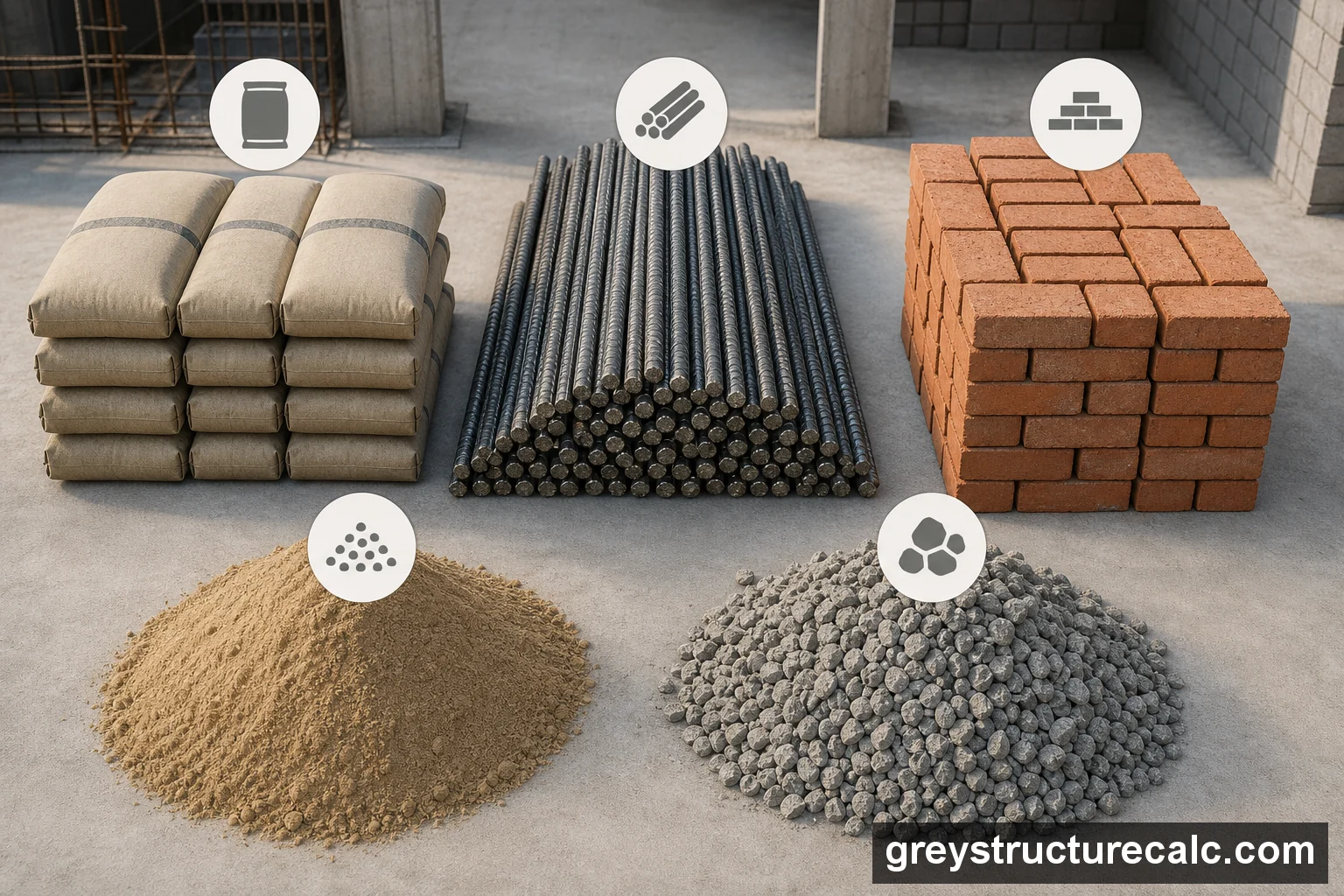 Material breakdown illustration with cement bags, steel bars, bricks, sand, and crush aggregate used in grey structure estimation