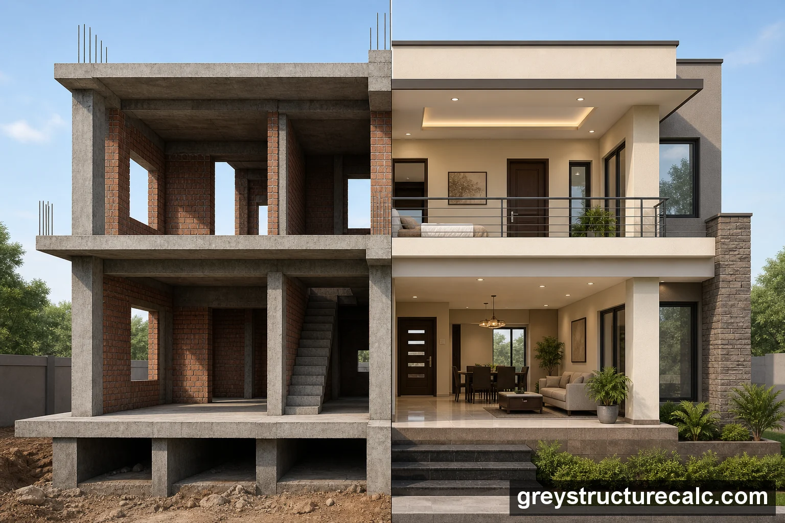 Split architectural view comparing grey structure phase and finishing phase of the same house